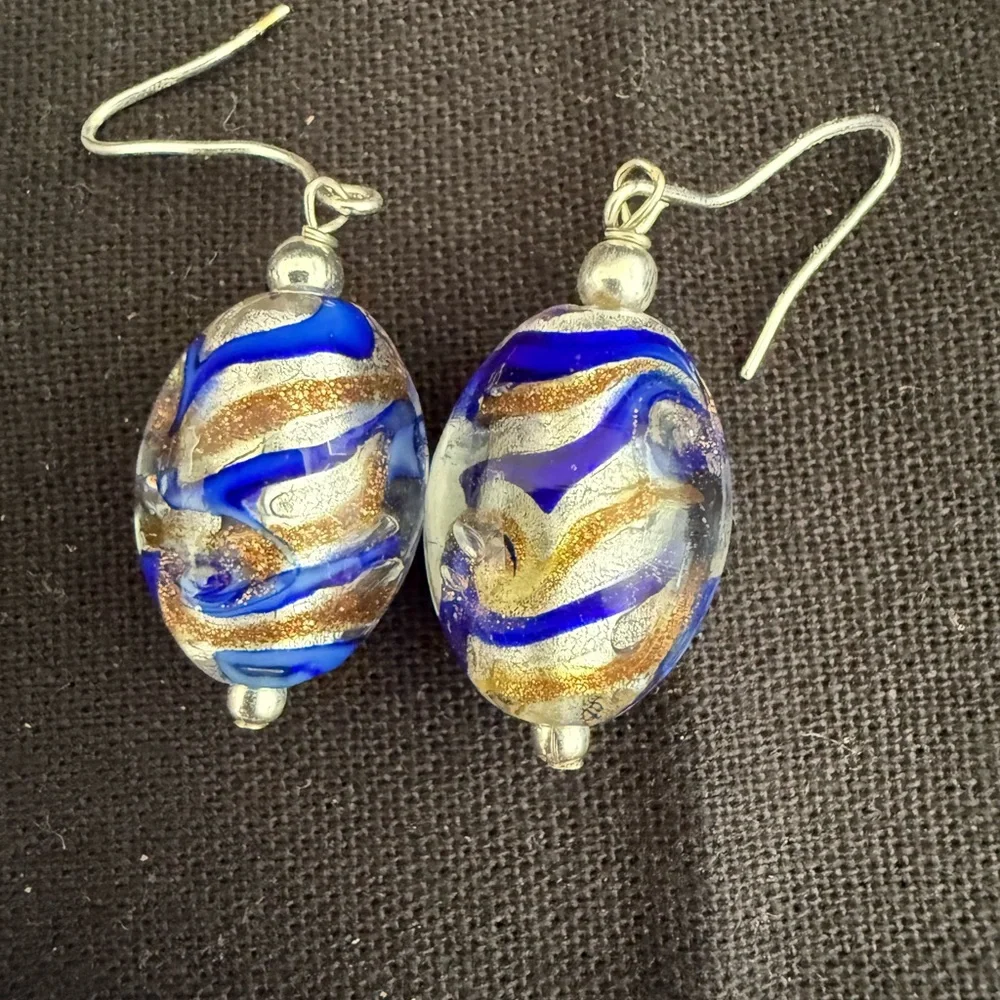 Handcrafted Glass Oval Dangle‎ Earrings Blue Gold Beaded Art Hook